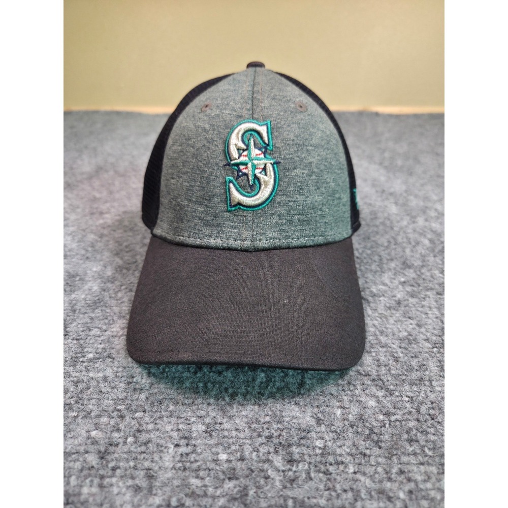 New Era Seattle Mariners Hat Mens Small-Medium Black Grey 39THIRTY Mesh Stretch